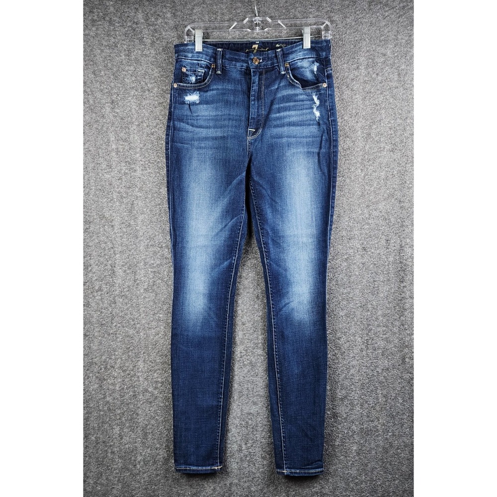 7 For All Mankind Jeans Womens 31 The High Waist Skinny Blue Distressed EUC